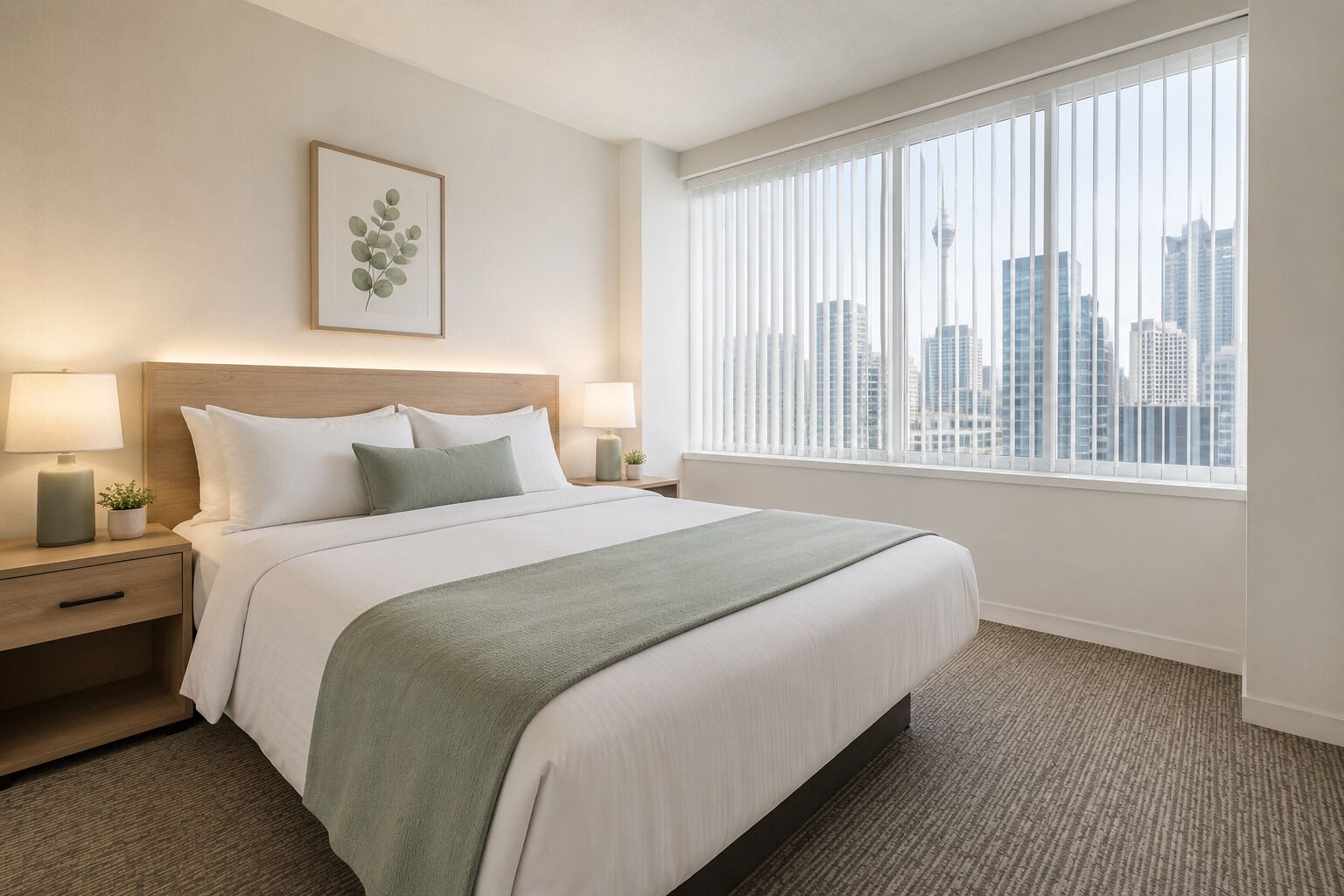 Ein Hotelzimmer mit einem Bett, zwei Nachttischen, einem Fenster mit Stadtblick und einer gerahmten Pflanze an der Wand.