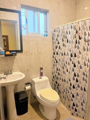 Ducha, toallas, jabón, papel higiénico