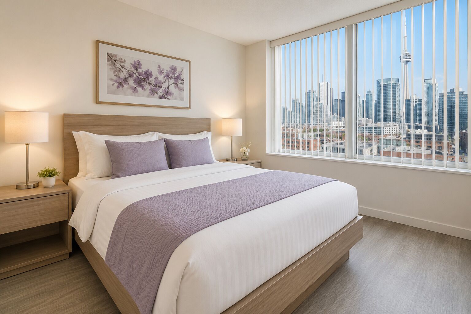 Ein Hotelzimmer mit einem großen Bett, zwei Nachttischen, Blick auf die Stadt und einem gerahmten Blumenbild an der Wand.