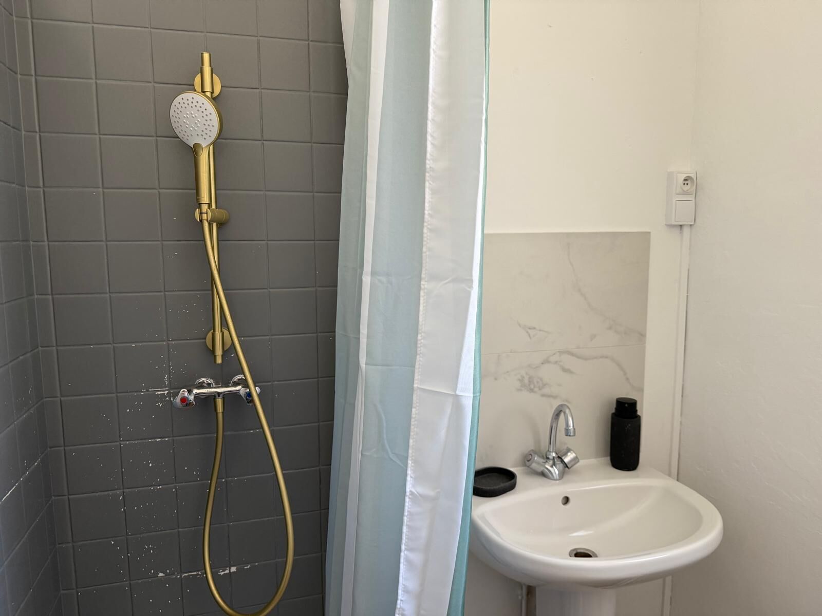 Shower, towels, toilet paper