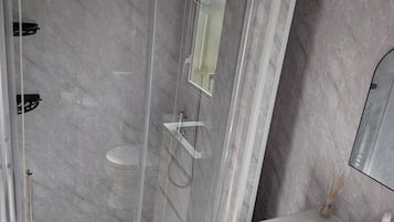 A modern bathroom with a glass shower enclosure, a white sink, and a mirror.
