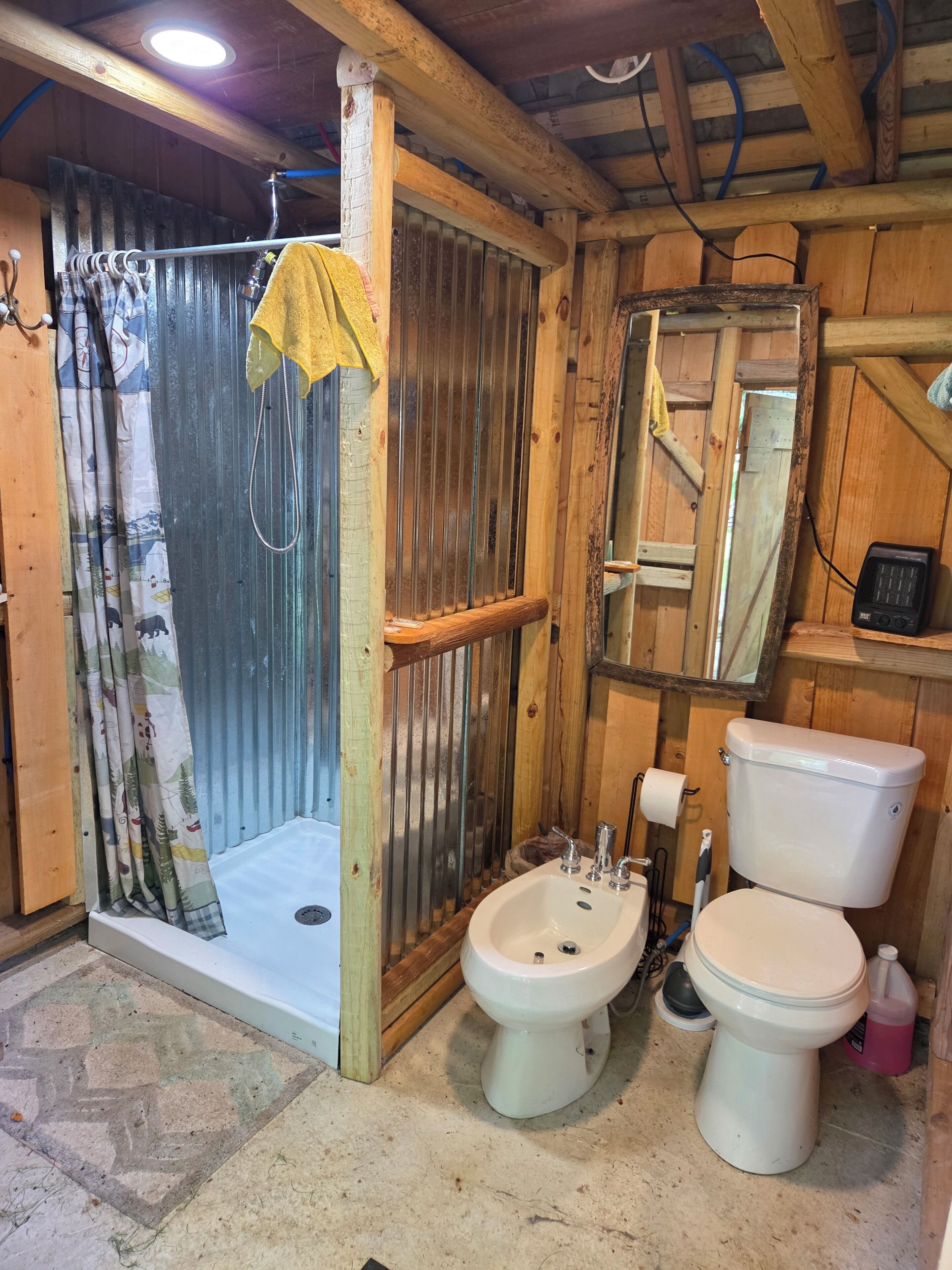 Shower, towels, soap, toilet paper