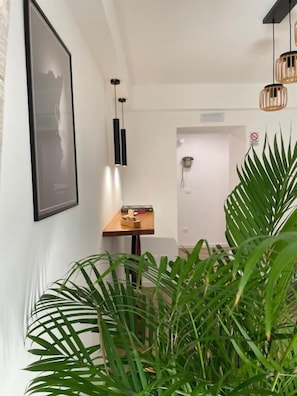 A hallway with a potted plant, a framed picture on the wall, a small table with items, and a door in the background. - Ca' Semu (Catania)