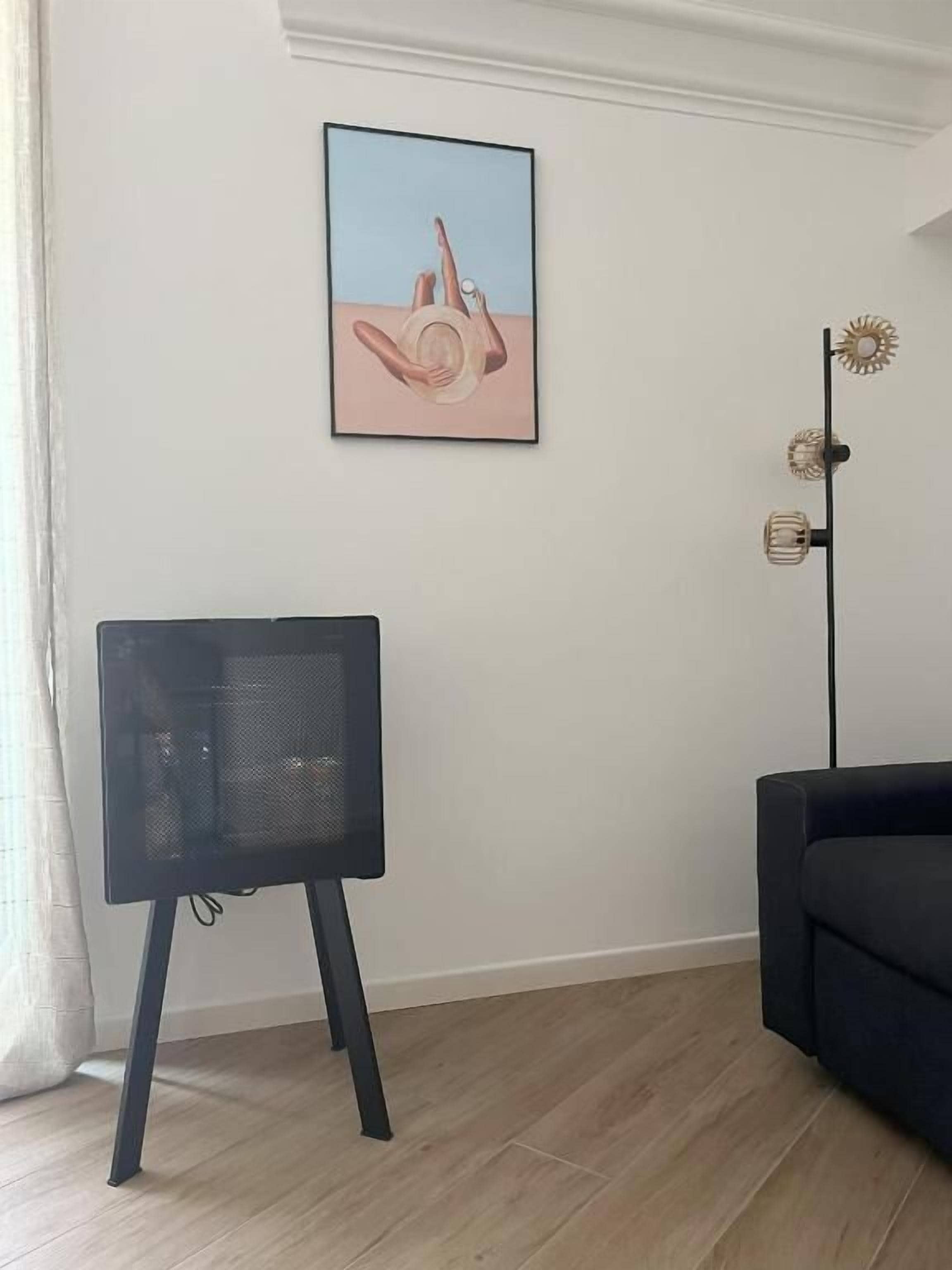 Una habitación con un televisor negro sobre un mueble bajo, un sofá negro, un cuadro en la pared y una lámpara de pie.