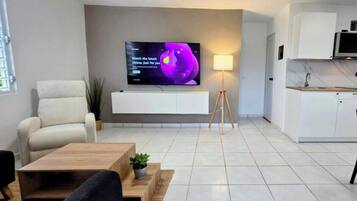 A modern living room with a flat-screen TV, a ceiling fan, a sofa, a coffee table, and a kitchen area with cabinets and a countertop.