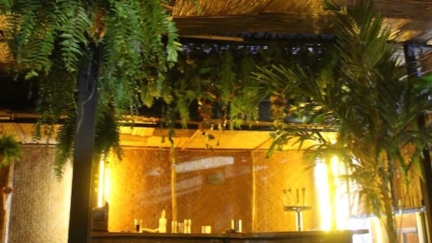An indoor space with a thatched roof, a bench, and a water feature.