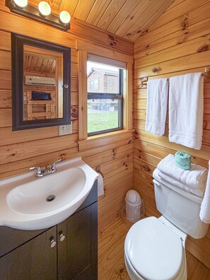 A wooden cabin bathroom with a sink, mirror, window, and toilet.