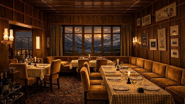 Un restaurante acogedor con paneles de madera, manteles a cuadros y cuadros en las paredes.