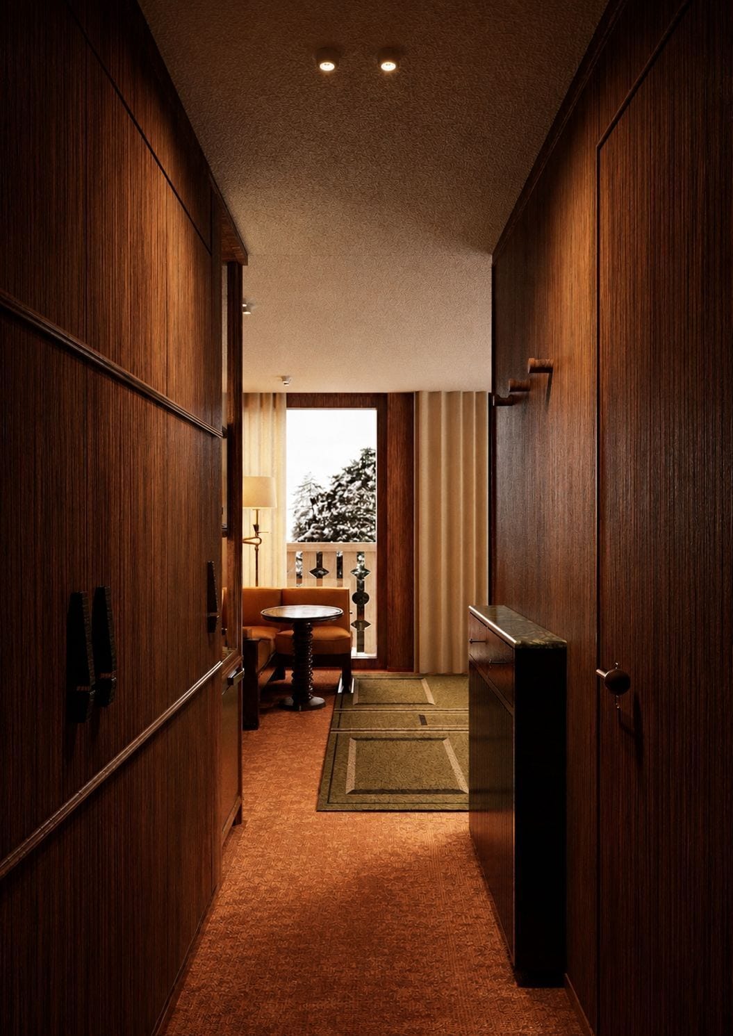 A narrow hallway with wooden paneling, a small table with chairs, and a view of a balcony with curtains.