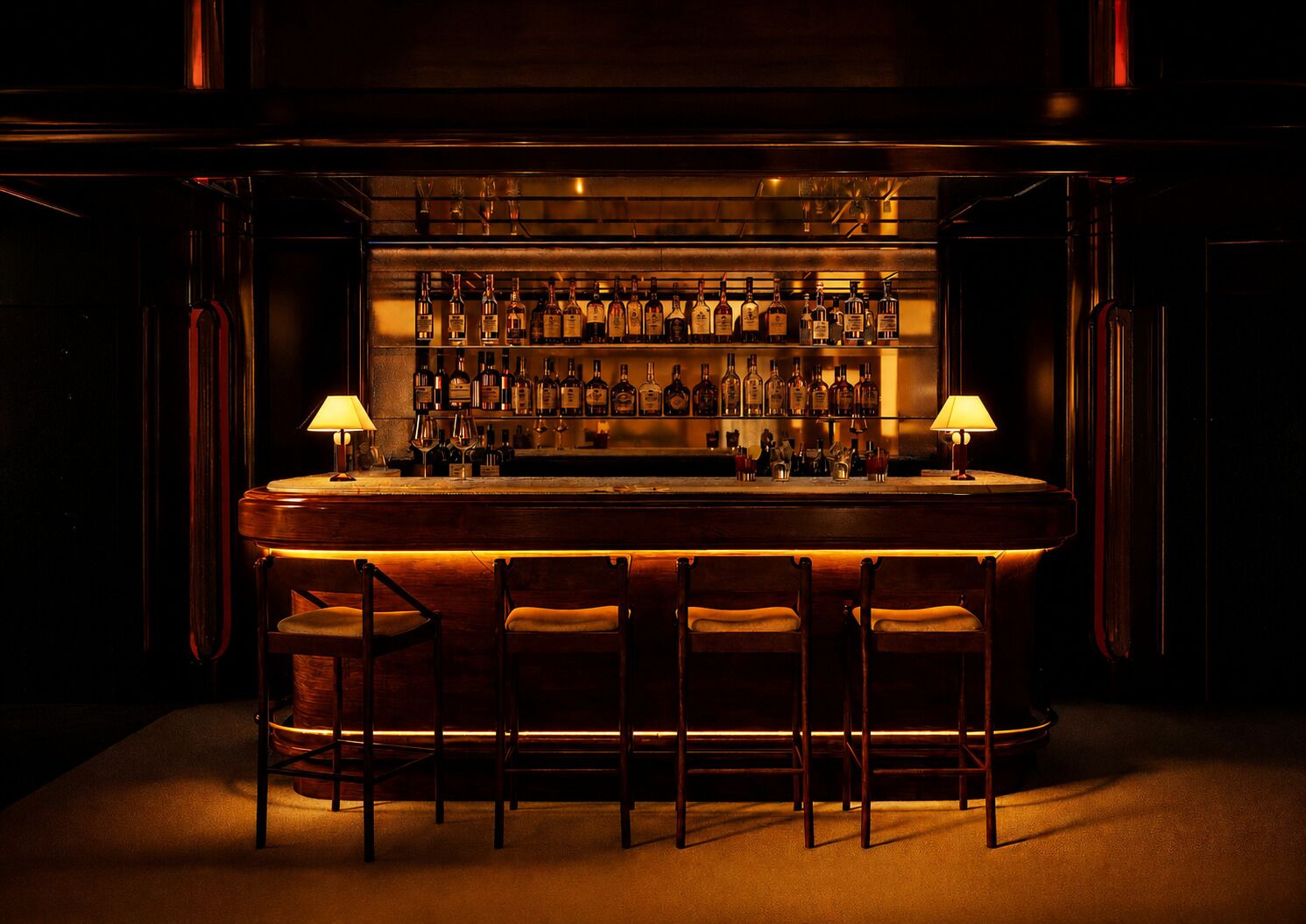 A bar with a wooden counter, multiple liquor bottles, and four bar stools.