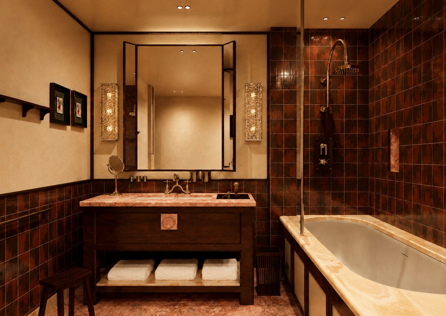 Ein modernes Badezimmer mit großem Spiegel, einer Badewanne und einem Waschtisch.