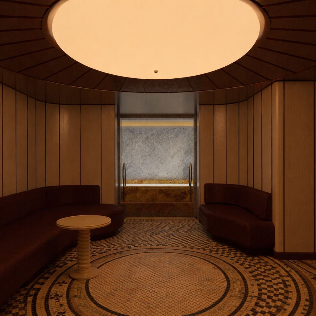 A room with a circular patterned floor, two sofas, a small round table, and a large circular light fixture.