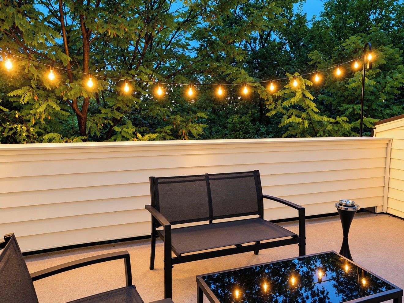 Eine Terrasse mit einer Bank und einem Glastisch, Lichterketten und einer weißen Wand.