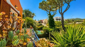 A garden with various plants, a pool, and buildings in the background. - Hotel Aragonese Ischia (Ischia)