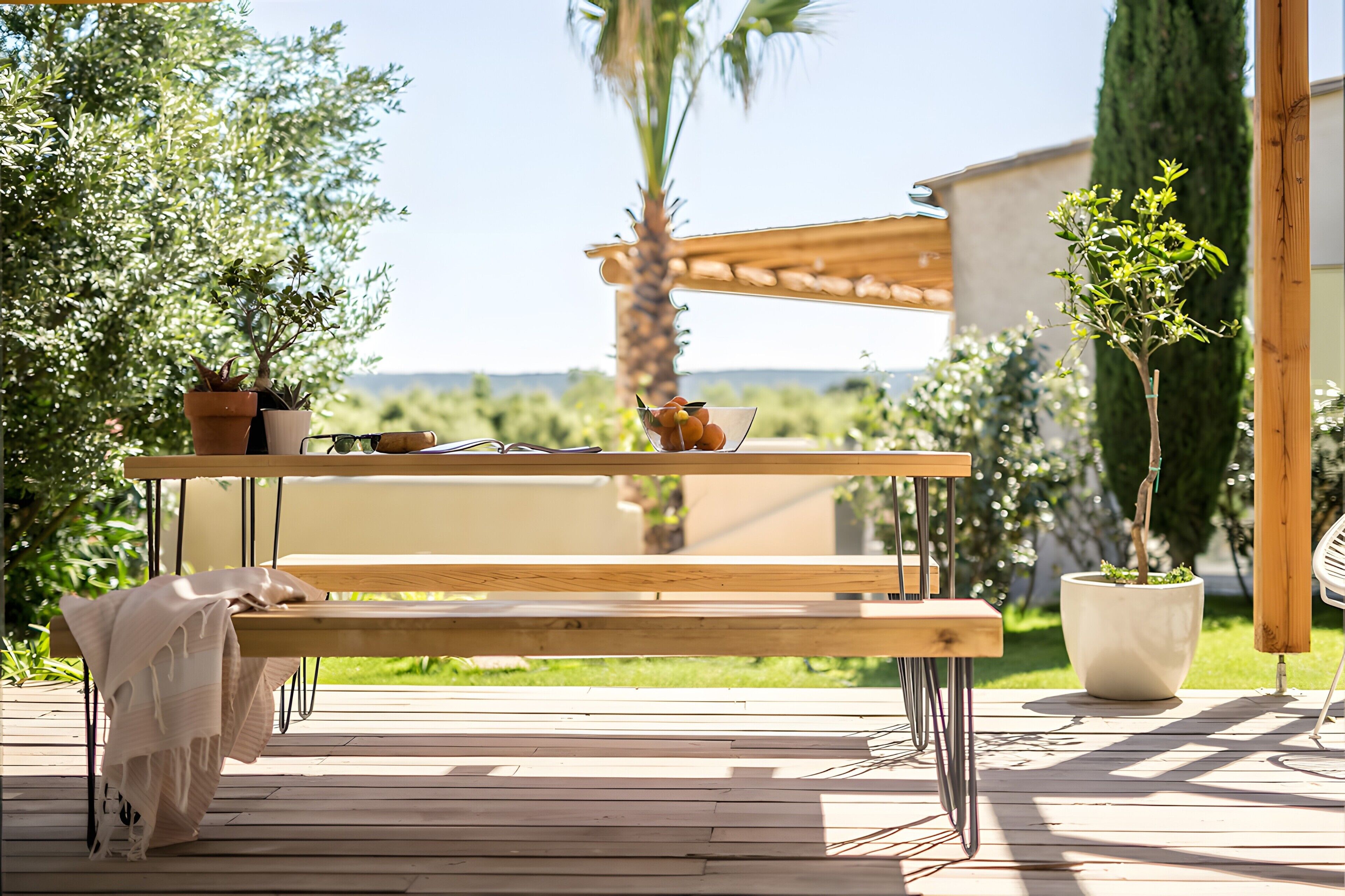 A wooden deck with a bench, potted plants, and a pergola.