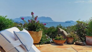 Une terrasse agrémentée de plantes en pot, une chaise blanche et une vue sur la mer et les montagnes.
