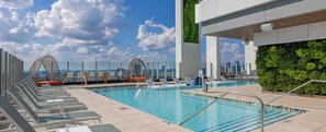 Ein Pool auf dem Dach mit Liegestühlen, einer Glasbrüstung und Blick auf die Skyline der Stadt.