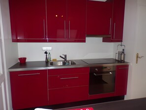 Une cuisine avec des meubles de couleur rouge, un évier en acier inoxydable et un lave-vaisselle.