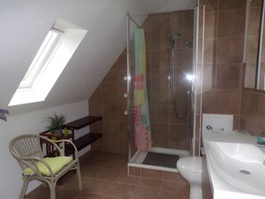 A bathroom with a shower, toilet, and sink. There is a chair and a small table with a plant.