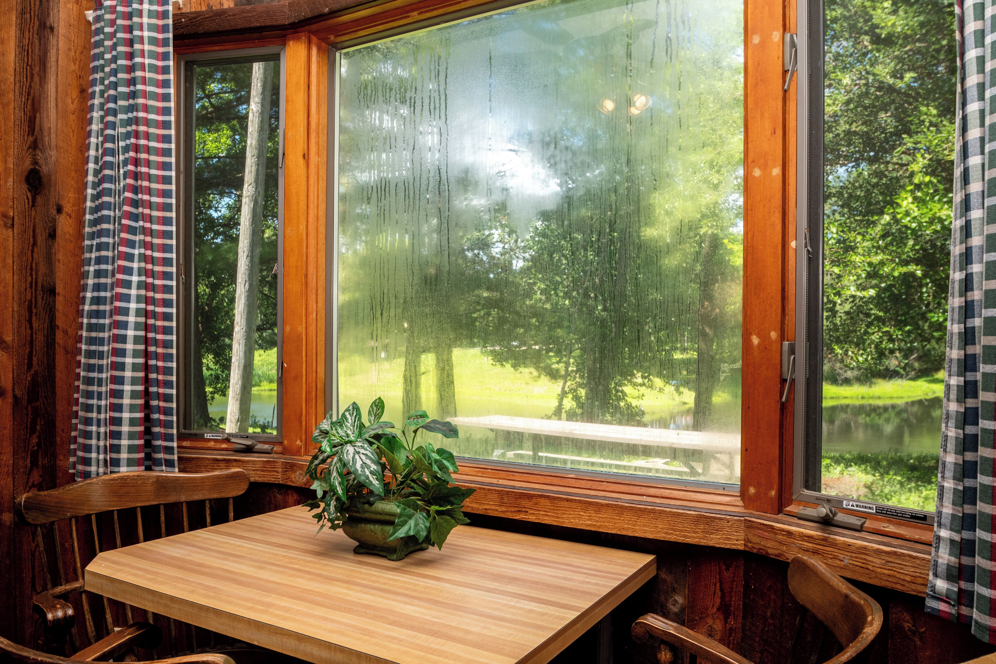 A wooden interior with a window overlooking a green landscape.