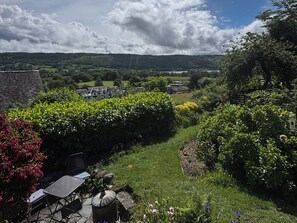 Ein Garten mit Blick auf ein Haus, einen Weg und einen Stuhl.