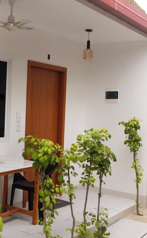 A room with a wooden door, a ceiling fan, a small table, and a potted plant. - Paradise Palms (Thoddoo)