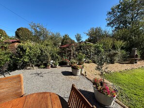A patio with a wooden table and chairs, surrounded by potted plants and a barbecue grill. - At Patricia's: A spacious townhouse in the countryside in Graçay (Graçay)