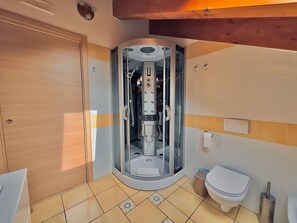 Een badkamer met een douchecabine, toilet en wastafel.