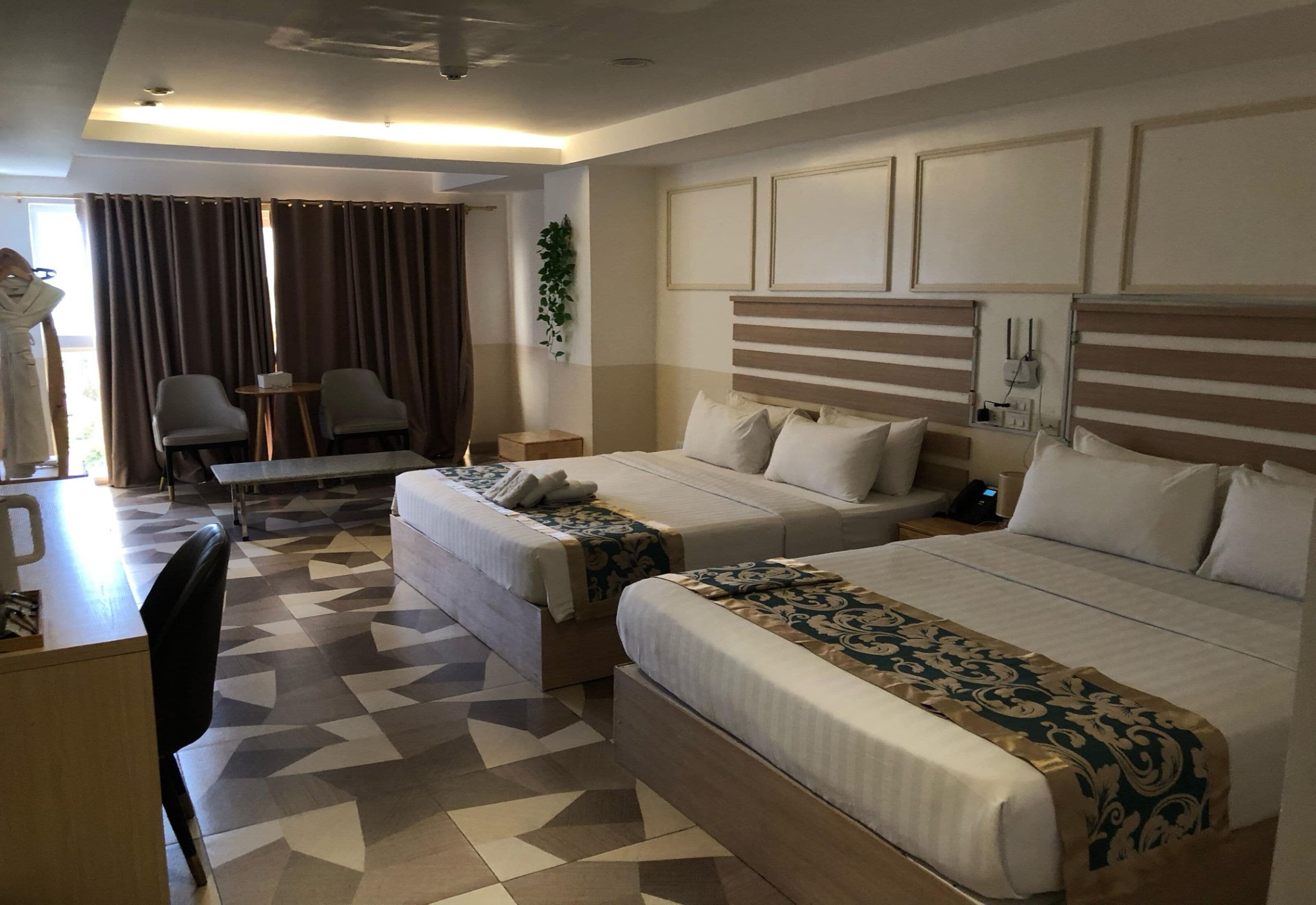 Desk, laptop workspace, free WiFi, bed sheets