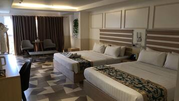 Desk, laptop workspace, free WiFi, bed sheets