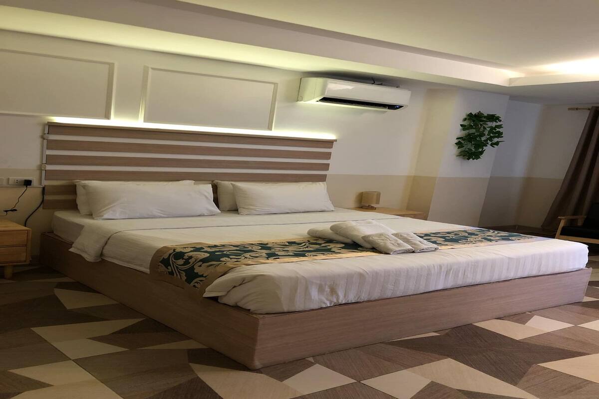 Habitación de hotel moderna con una cama grande, una mesita de noche, un equipo de aire acondicionado y una planta colgada en la pared.