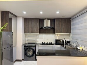 A modern kitchen with a built-in washer, a stove, and a sink. - 2 Bedroom - Tropical Suite Apartment by Lux Haven Stays - Central Lahore (Lahore)