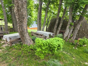 A picnic area with tables and benches, surrounded by trees and greenery.
