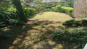 A narrow pathway leading to a grassy area with dense foliage on both sides. - Spa et sauna , studio rénové à 5 min du centre historique (Boulogne-sur-Mer)