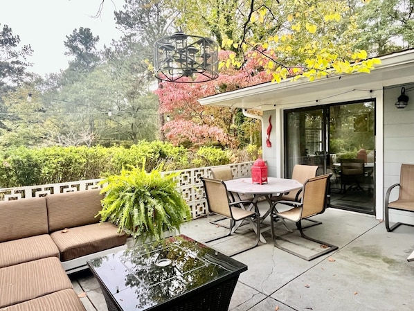 Un patio con un sofá, una mesa, sillas y una planta en maceta.