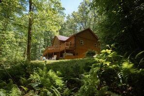 A cabin surrounded by dense forest, with a porch and outdoor seating area. - Big Rock | Theater Room, Hot Tub, Hocking Hills (Rockbridge)