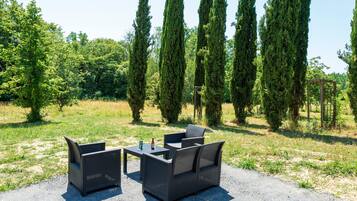 An outdoor seating area with wicker furniture and tall trees in the background.