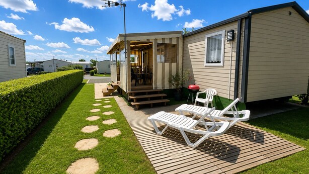A mobile home with a patio, outdoor seating, and a barbecue grill. - Mobil-Home 417 6 persons (Litteau)