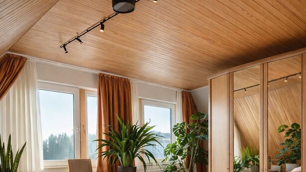 Ein Schlafzimmer mit einem großen Bett, einem Sessel, einer Topfpflanze und einer Schiebetür zu einem anderen Raum.