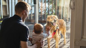 Un uomo e un bambino interagiscono con un cane attraverso una porta di vetro.