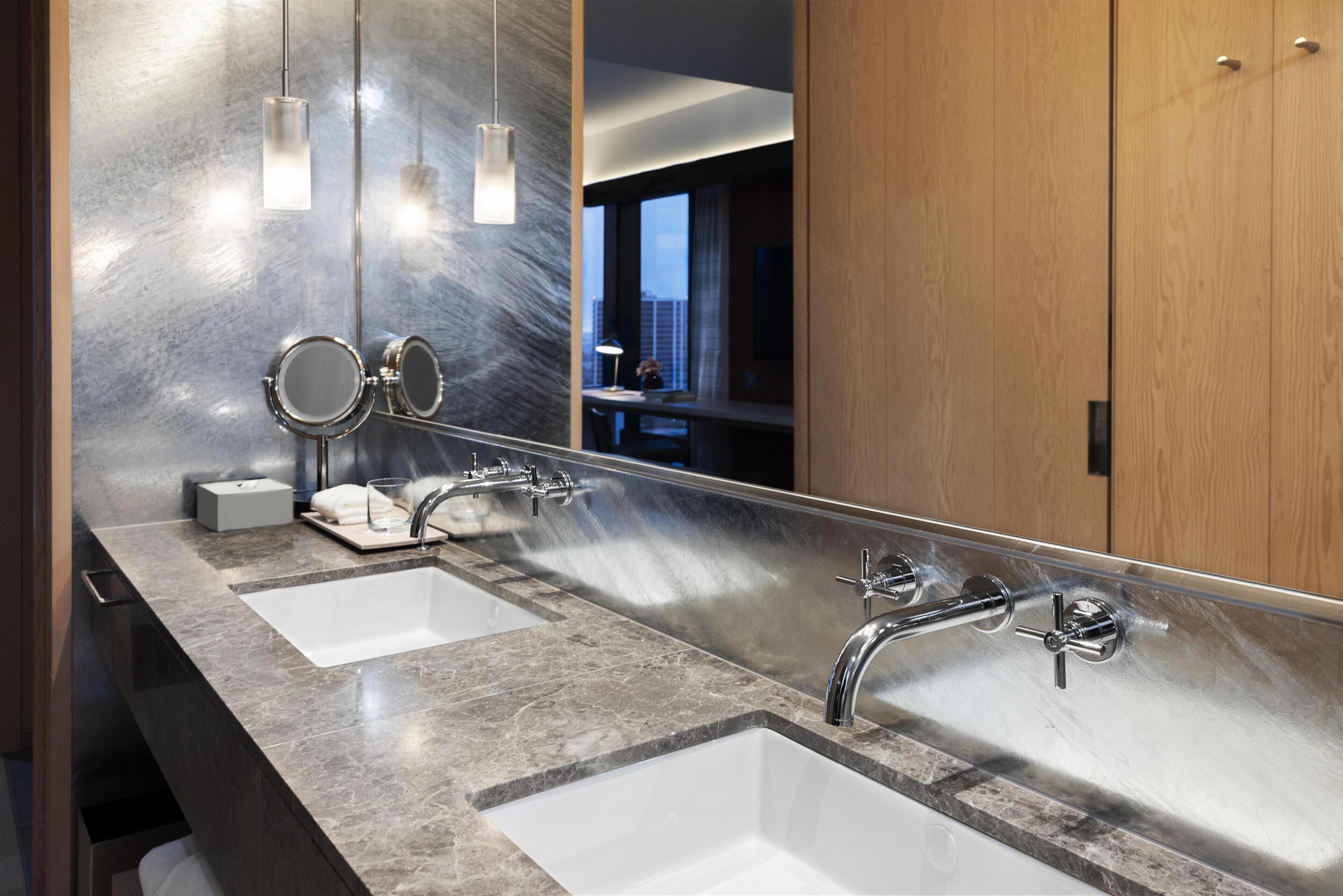 Separate tub and shower, rainfall showerhead, hair dryer, bathrobes