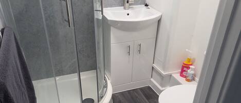 Shower, towels, soap, toilet paper
