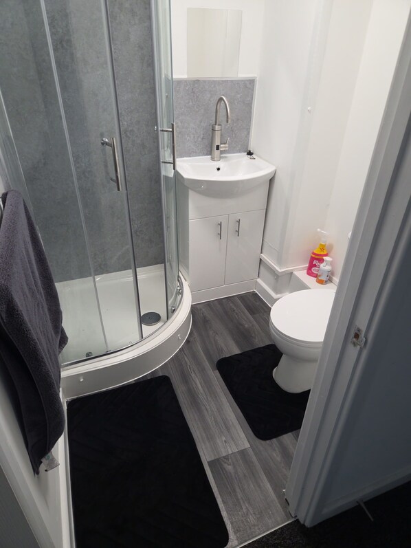 Un bany amb un box de dutxa de vidre, un lavabo blanc i un vàter.