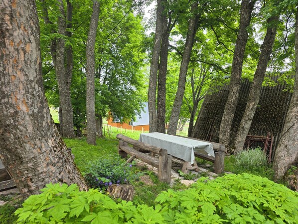 Un espace extérieur rustique avec un banc en bois, une table en métal et une clôture.