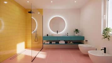 Shower, hair dryer, towels, toilet paper