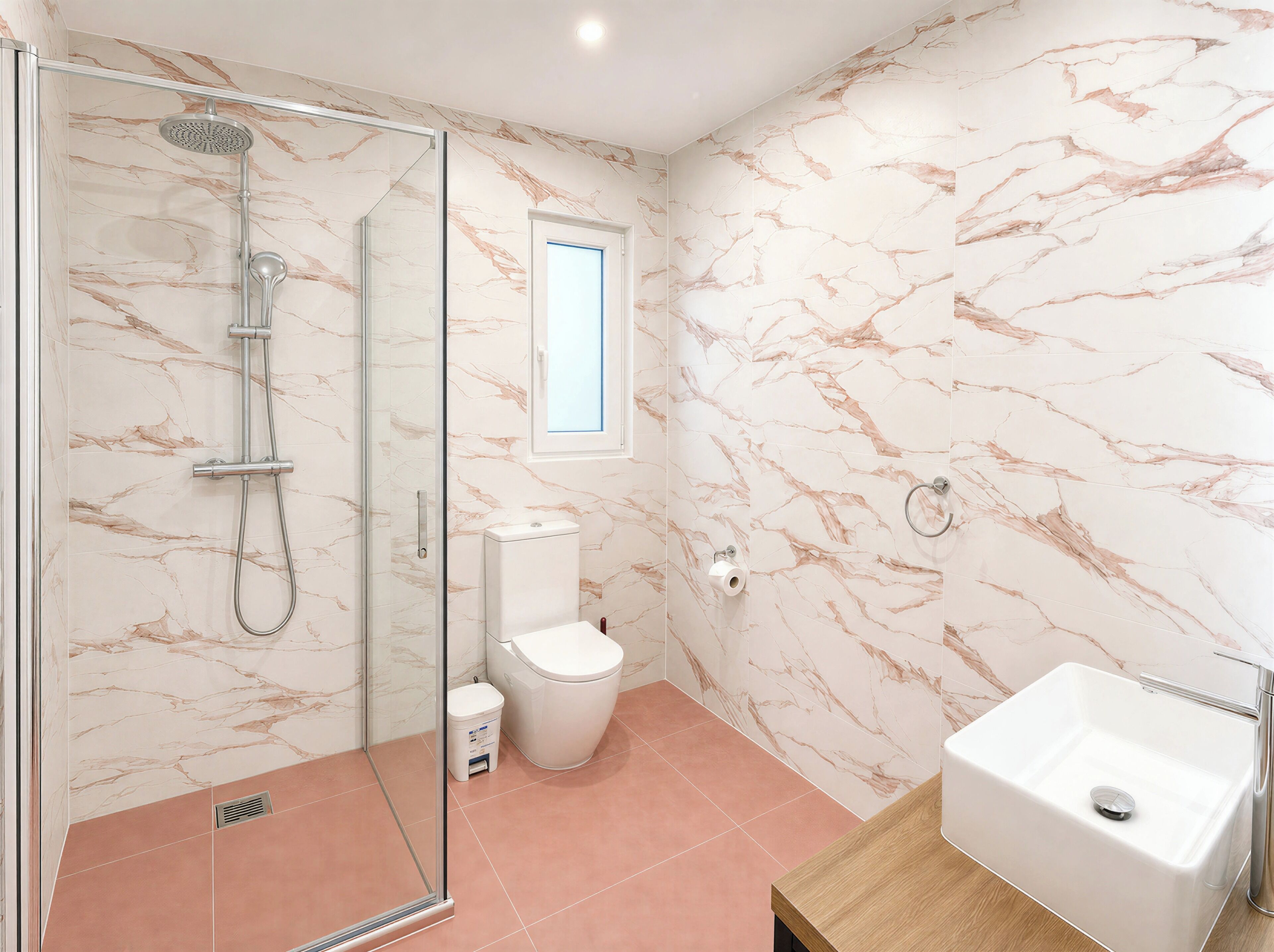 Shower, hair dryer, towels, toilet paper
