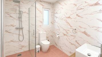 Shower, hair dryer, towels, toilet paper
