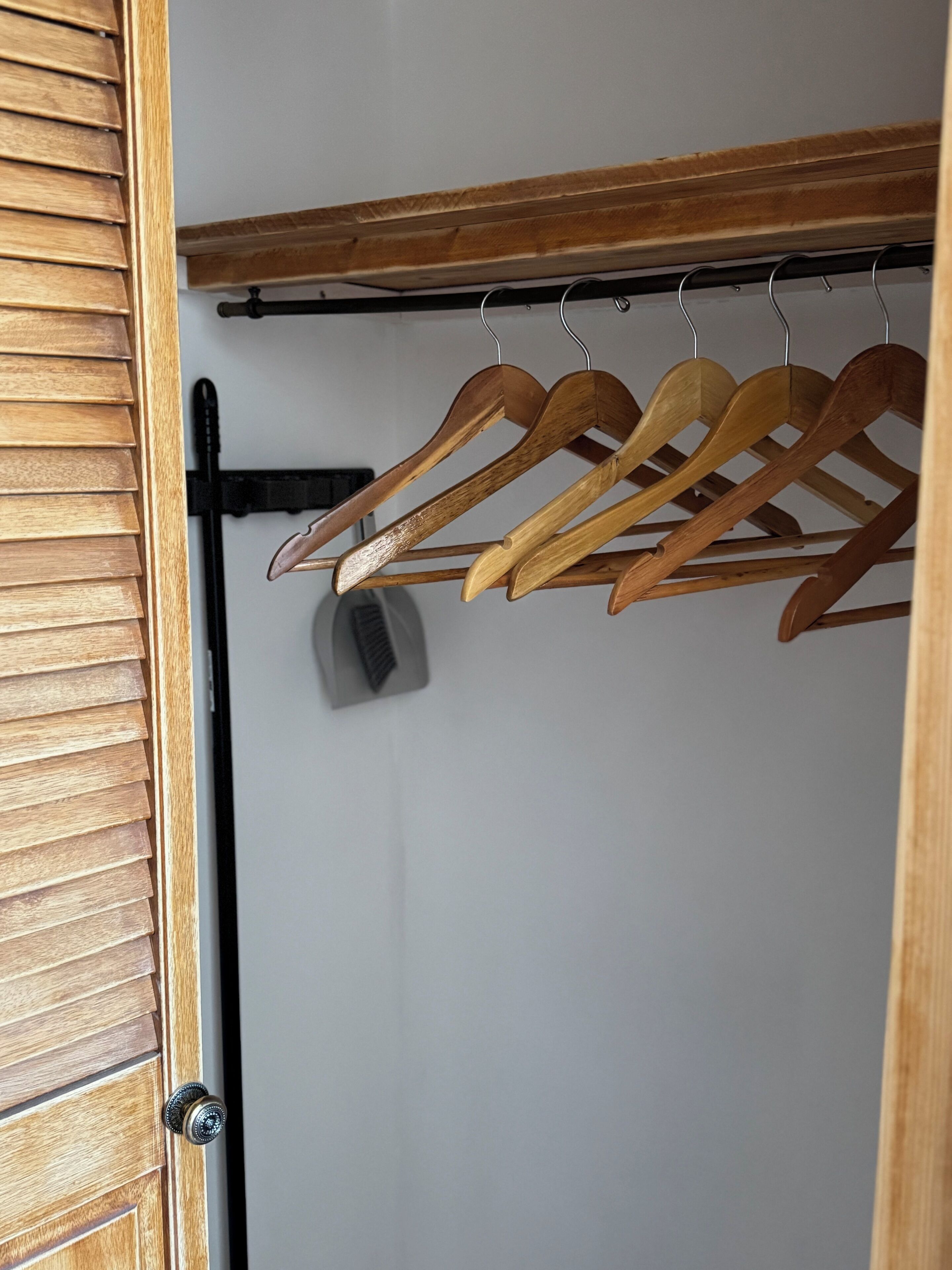 A wooden closet with a metal rod holding wooden hangers.
