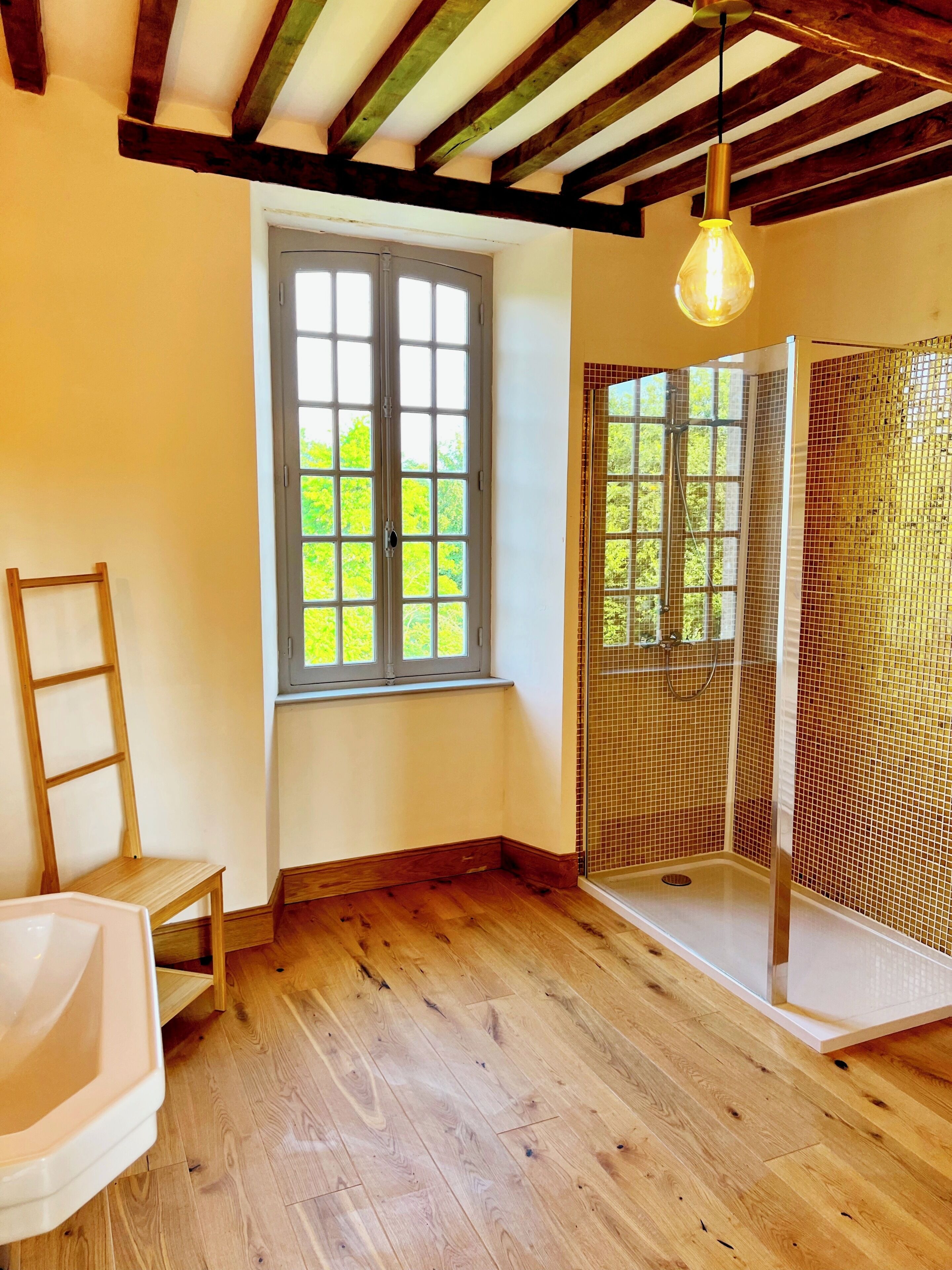A room with wooden flooring, a window with a view of greenery, a shower area with a glass door, and a hanging light fixture.