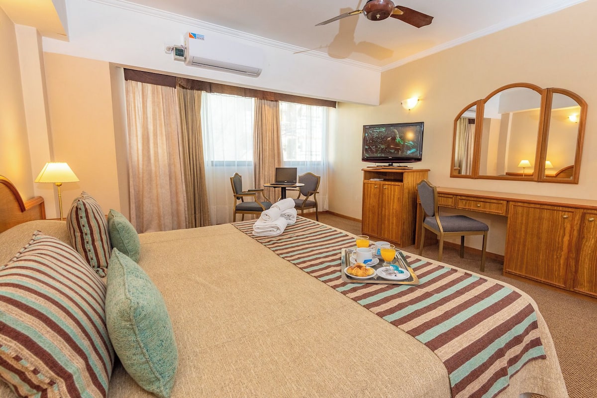 A hotel room with a bed, a desk, a television, and a mirror.